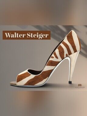 Walter Steiger Sz 7 EU 37.5 Calf Hair Zebra Peep Toe Pumps Champagne Chrome Heel